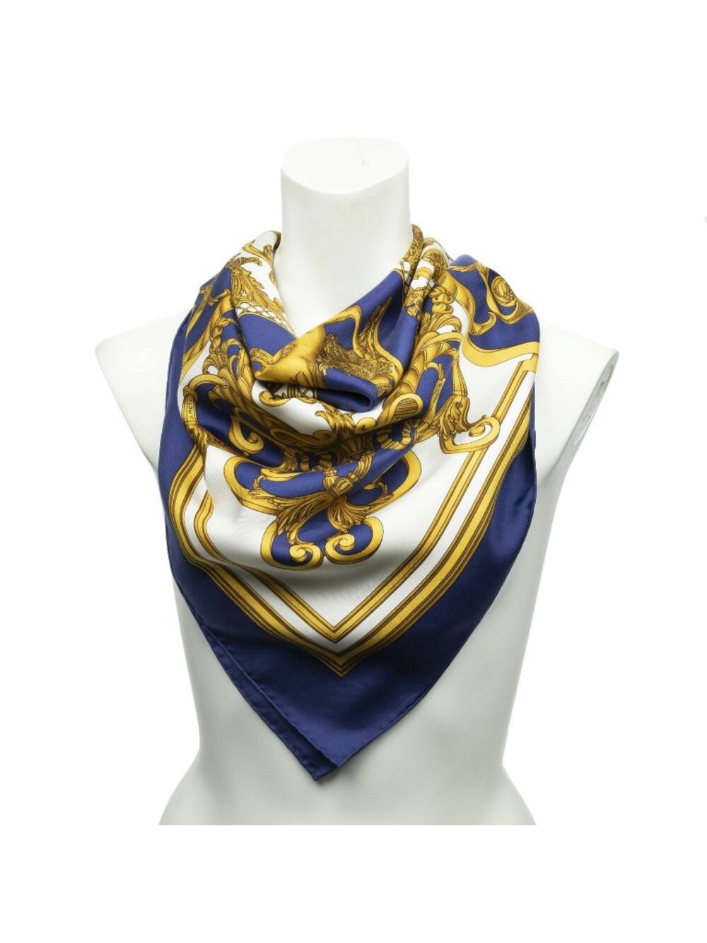 Hermes Scarf Navy Gold White Twill Silk